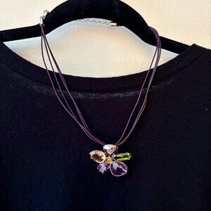 J.Crew Multicolor Crystal Cluster Statement Pendant Leather Necklace